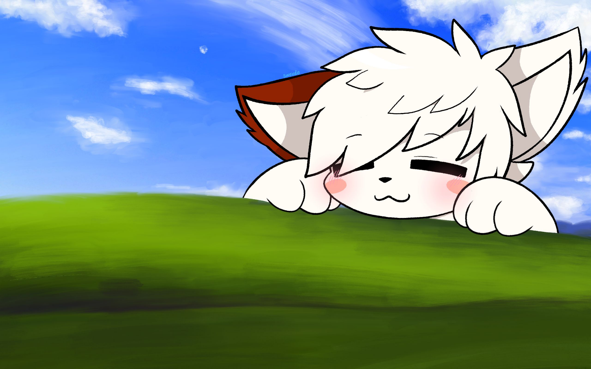 my character, resu, peeking on the windows xp wallpaper hills