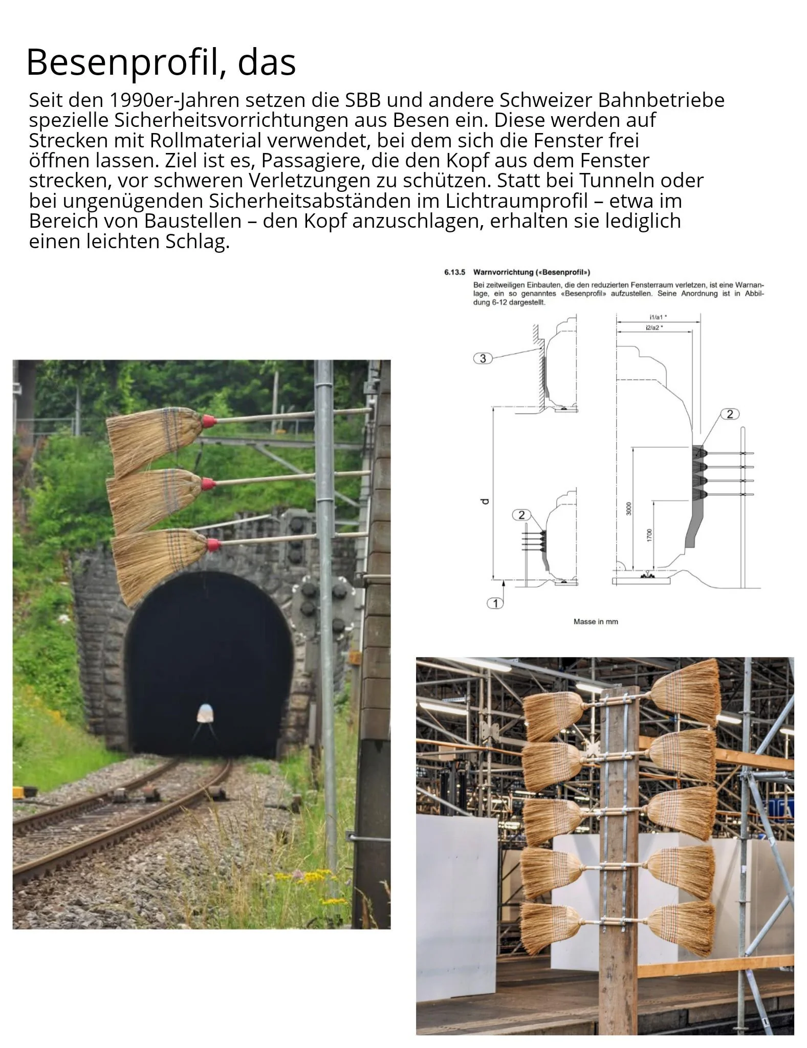 An educational infographic explains the "Besenprofil" (broom profile), a Swiss railway safety device. It features a German text description above three images. 

Top left: A photo shows three straw brooms mounted horizontally on a pole beside a railway track leading into a stone tunnel. 
Top right: A technical diagram labeled "Warnvorrichtung («Besenprofil»)" shows cross-sections of a train and the positioning of the brooms. 
Bottom right: A close-up photo shows eight brooms mounted in two vertical rows on a wooden post.

Text: "Besenprofil, das. Seit den 1990er-Jahren setzen die SBB und andere Schweizer Bahnbetriebe spezielle Sicherheitsvorrichtungen aus Besen ein... Ziel ist es, Passagiere, die den Kopf aus dem Fenster strecken, vor schweren Verletzungen zu schützen." Additional technical text and labels like "Masse in mm" are included.
