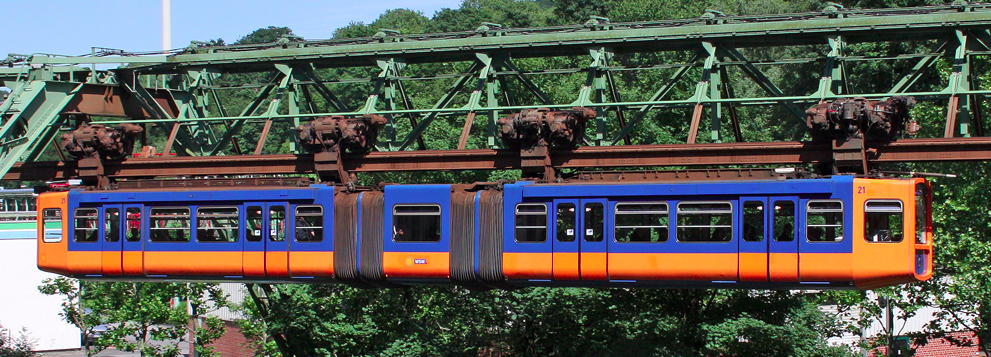 orange-blau Schwebebahn, Seitenansicht